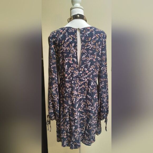 American Eagle Outfitters Navy Blue Floral Babydoll Dress Long Slit Sleeves - Picture 2 of 4